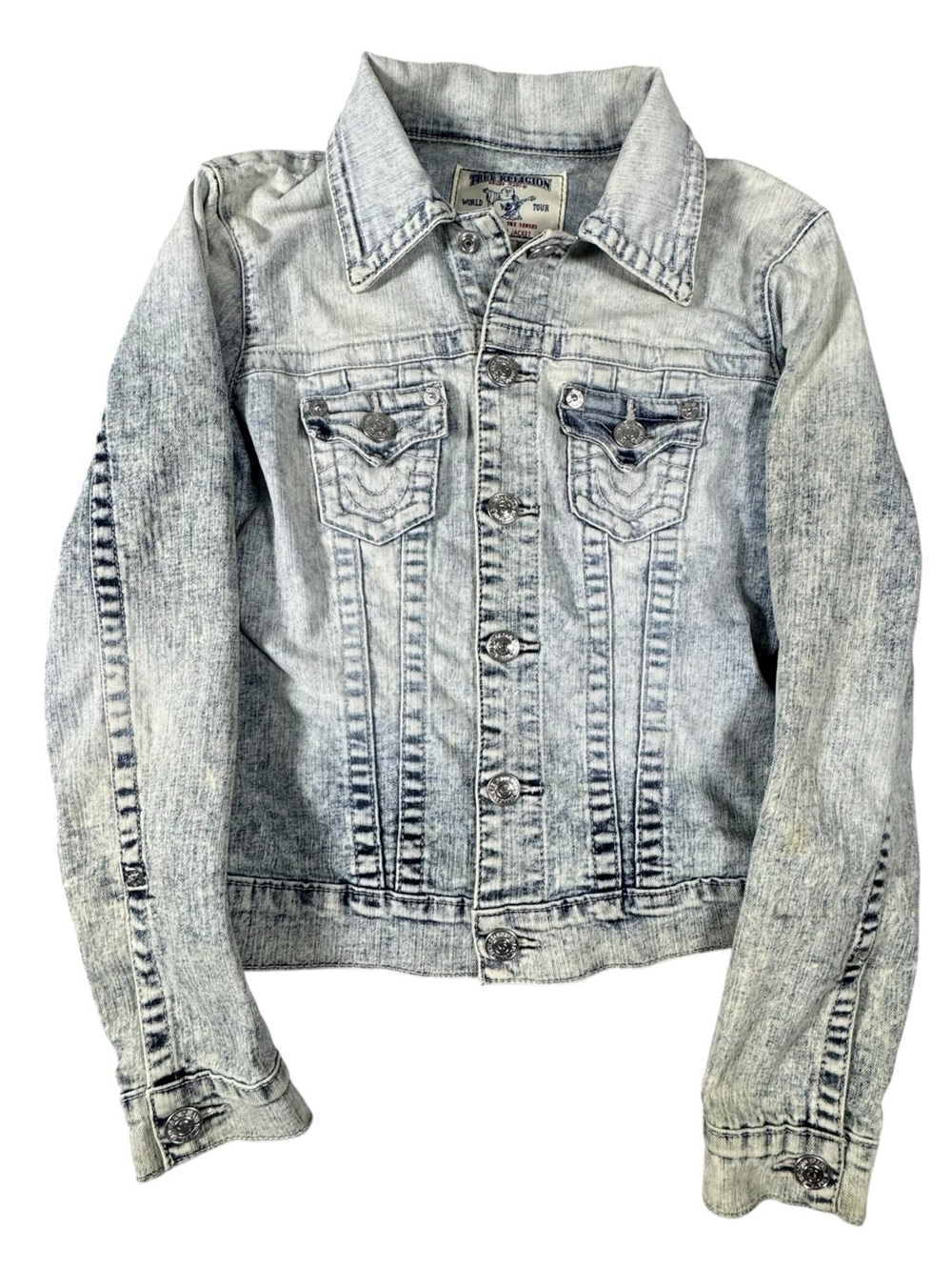 True Religion Faded Acid Wash Denim Trucker Jacket - Pale Blue